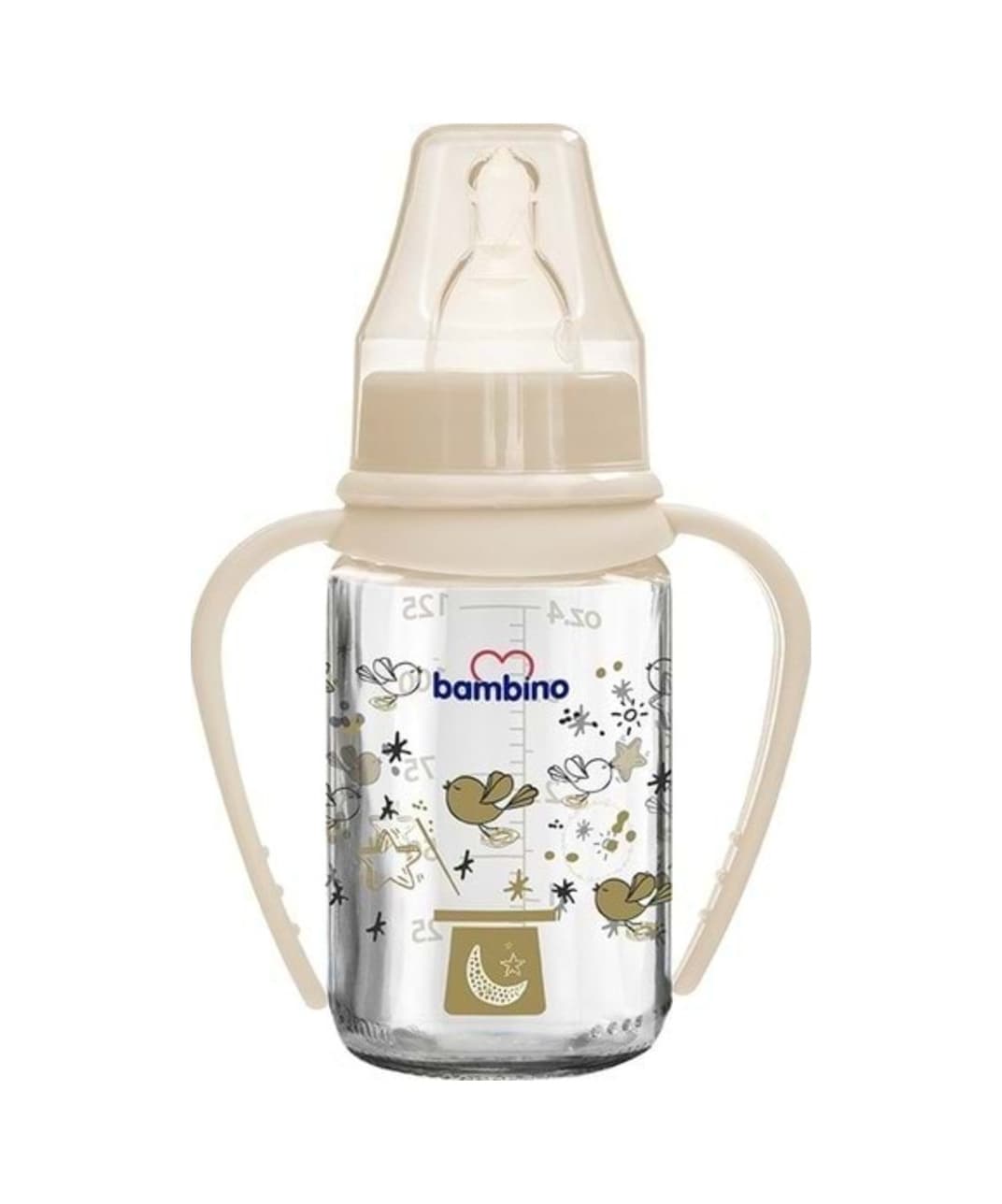 Bambino Kulplu Cam Biberon 125 ML Krem Şapka