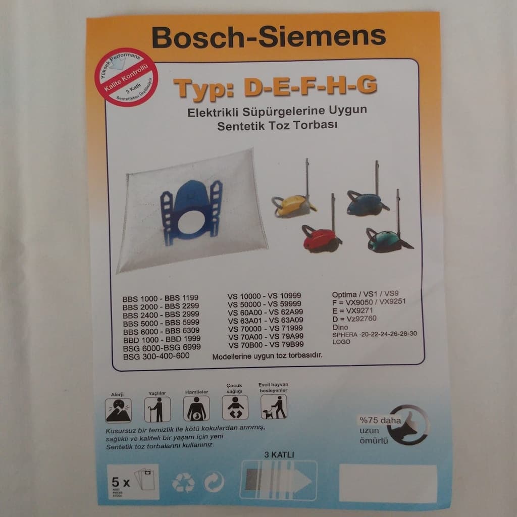 20 Ad Bosch Uyumlu Siemens Typ D E F H G Elektrikli Süpürge Toz Torbası