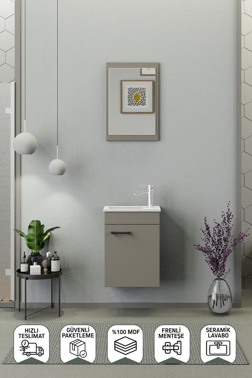 Biani Fix Arya Mini 42 Cm Banyo Dolabı,Seramik Lavabolu, Aynalı,Lavabo Dahil,Mdf,Latte