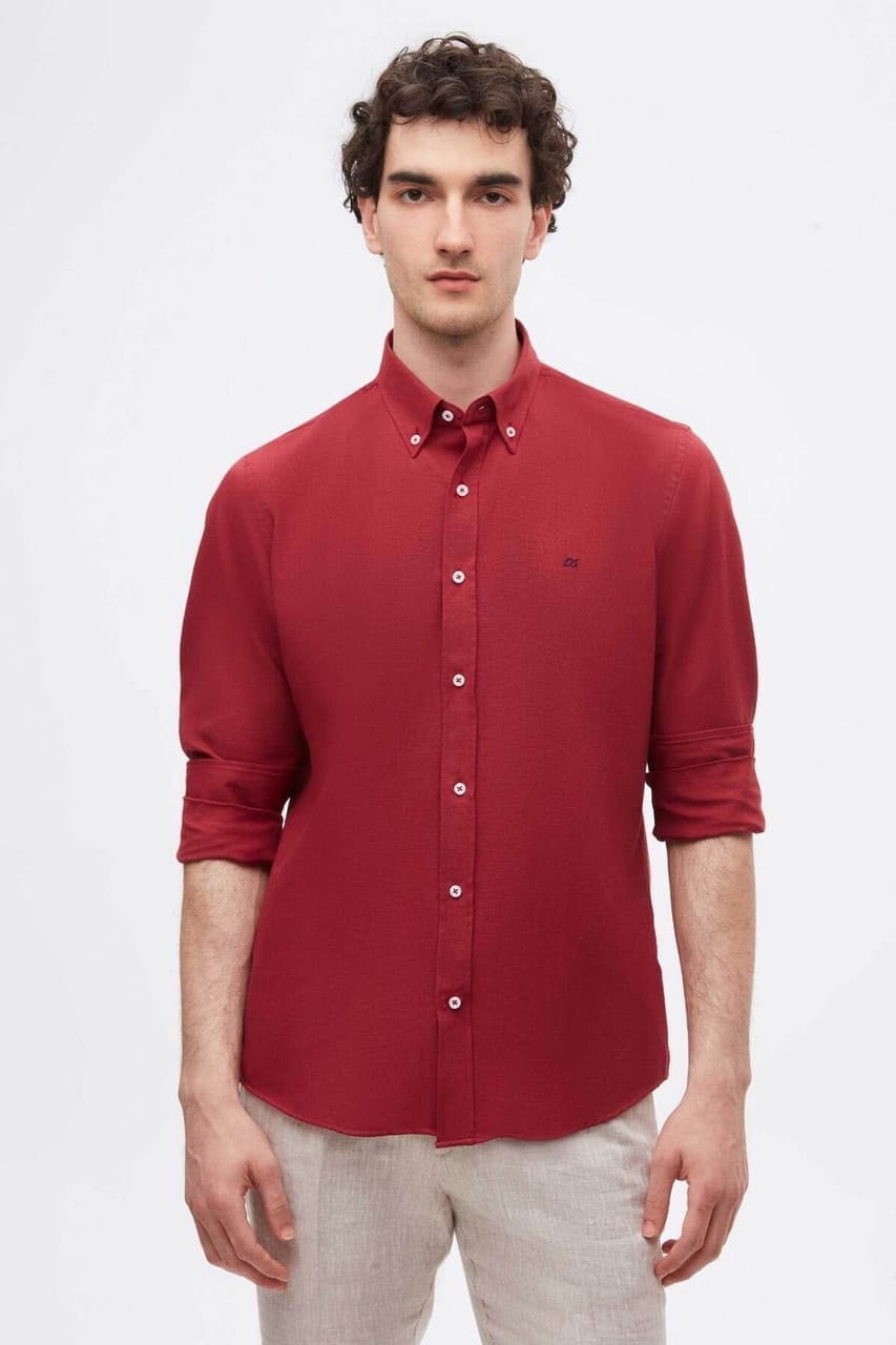 D'S Damat Ds Damat Slim Fit Bordo Oxford Düğmeli Yaka Kolay Ütülenebilir Nakış Detaylı Pamuklu Gömlek 4HC02ORT03265 Bordo