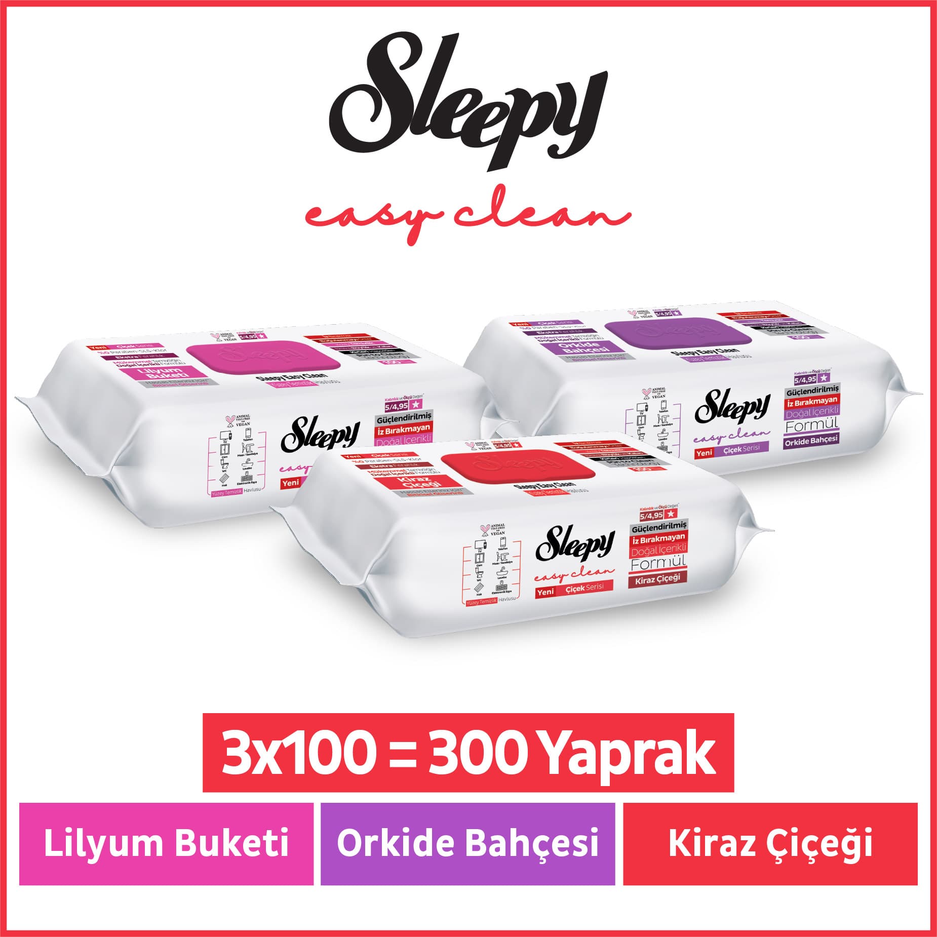 Sleepy Easy Clean Lilyum+ Orkide+ Kiraz Çiçeği Yüzey Temizlik Havlusu Mendili 3x100 (300 Yaprak)