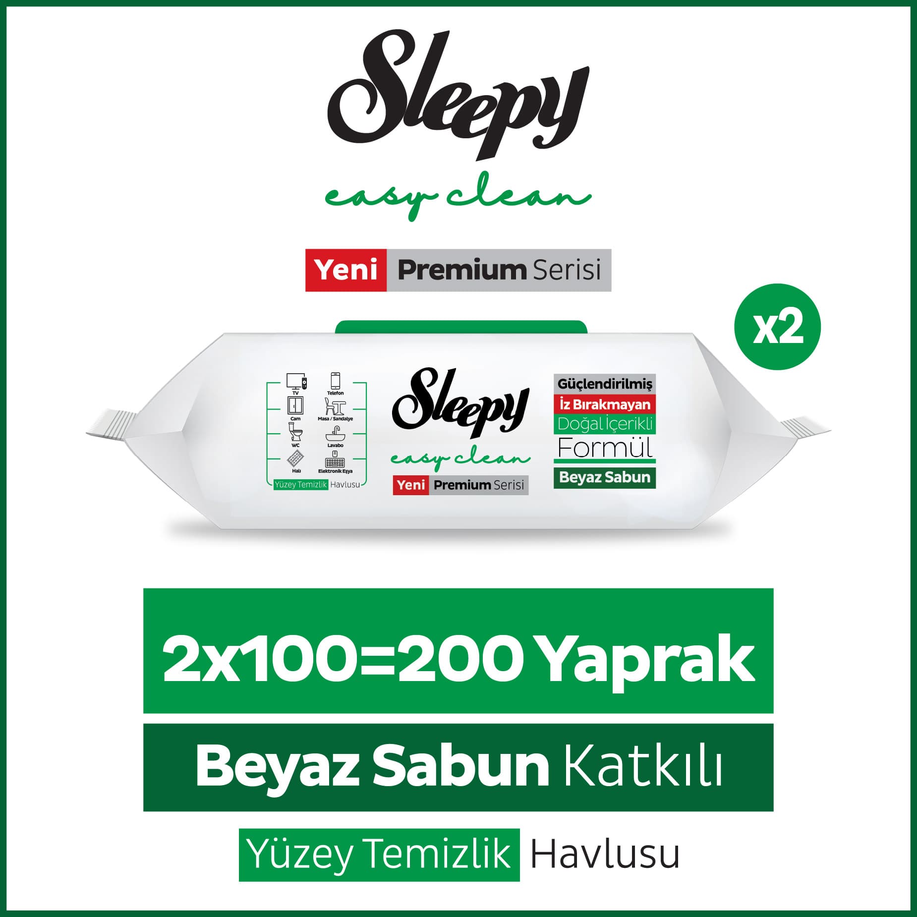 Sleepy Easy Clean Premium Beyaz Sabun Katkılı Yüzey Temizlik Havlusu Mendili 2x100 (200 Yaprak)