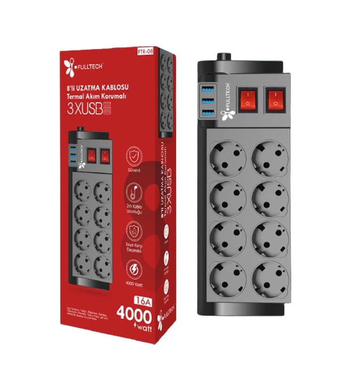 Fulltech FTR-08 8'li Termal Akım Korumalı Priz