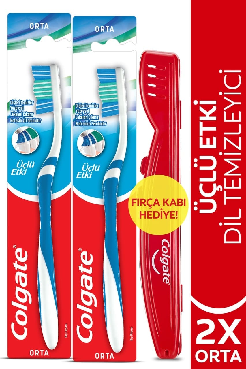 Colgate Üçlü Etki Dil Temizleyicili Orta Diş Fırçası 2'li + Diş Fırçası Kabı