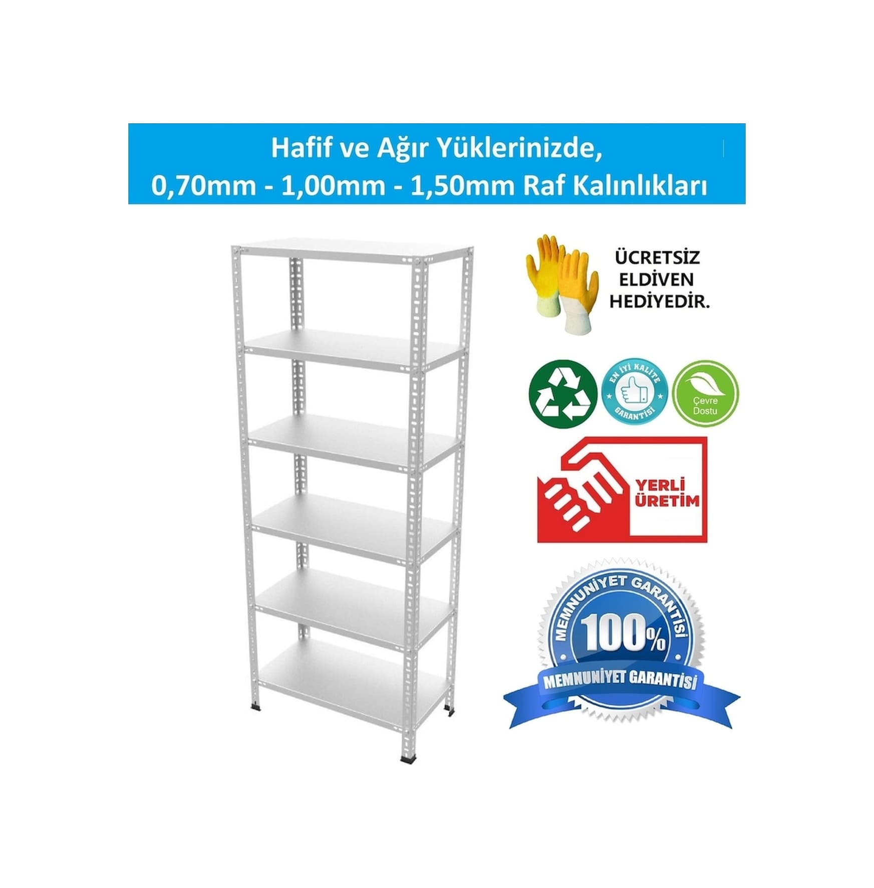 Raf Burada 6 Katlı Galvaniz Çelik Raf - Depo, Arşiv, Kiler, Dosya, Market Rafı-43x93x200 cm- 1.00 mm