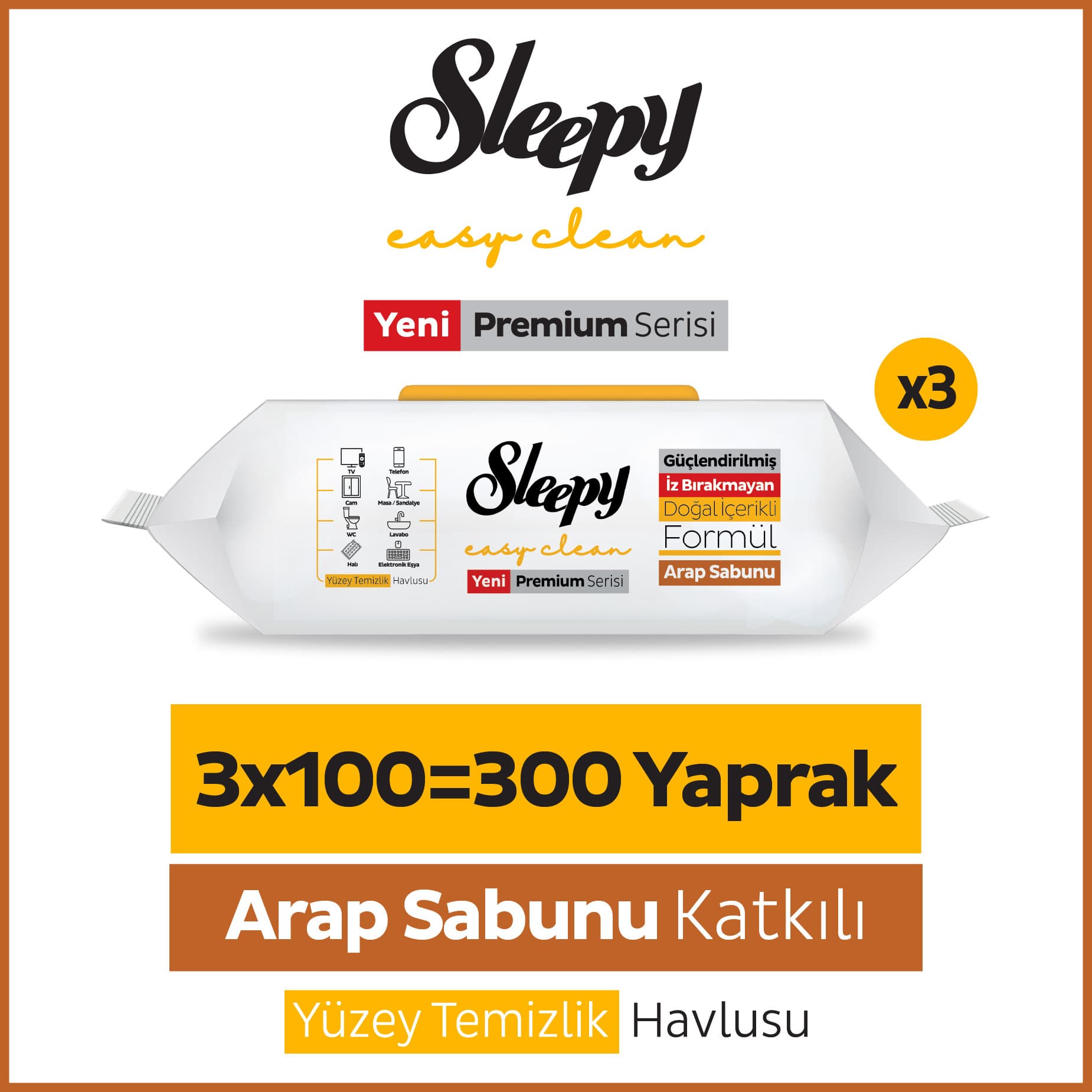 Sleepy Easy Clean Premium Arap Sabunu Katkılı Yüzey Temizlik Havlusu Mendili 3x100 (300 Yaprak)
