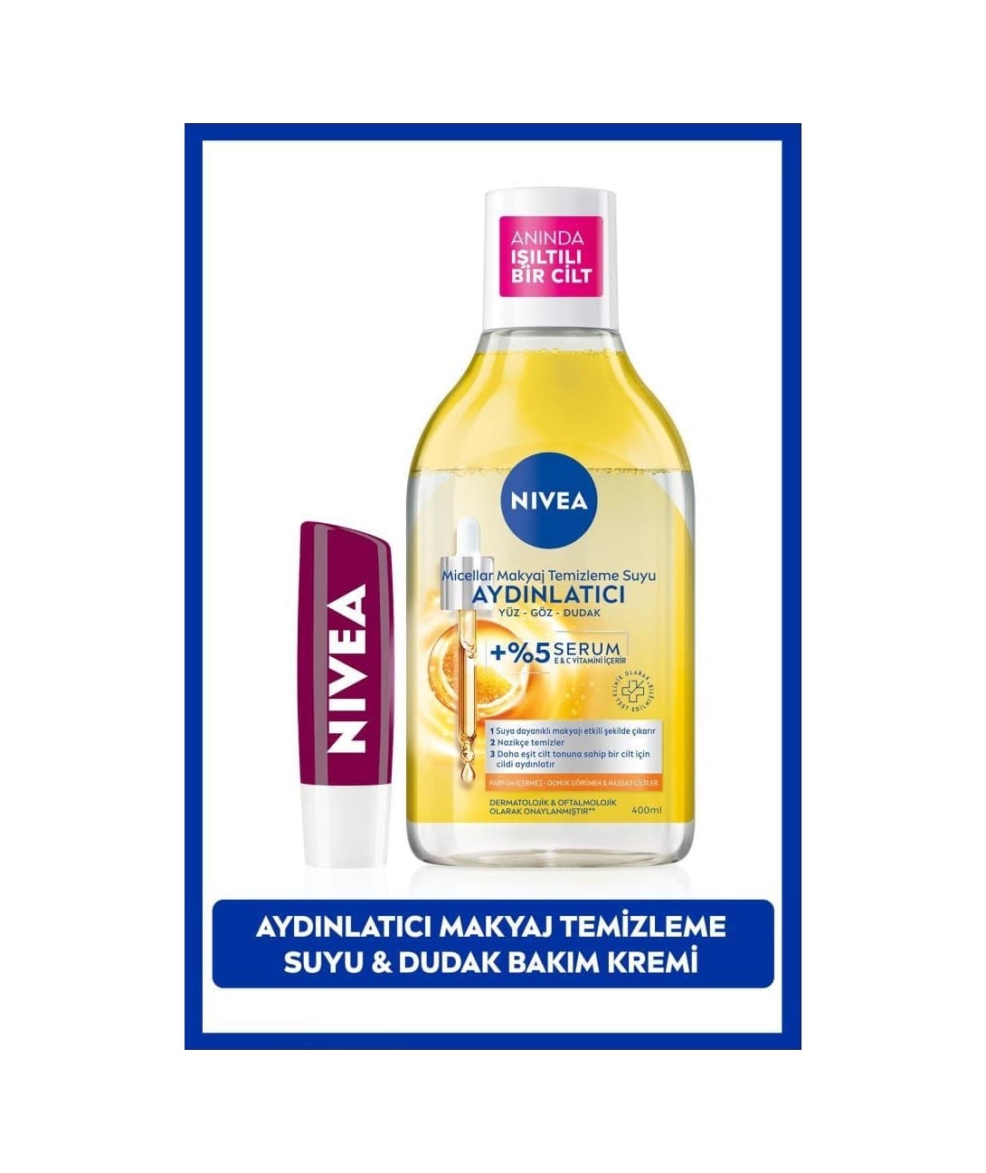 Nivea Aydınlatıcı Micellar Makyaj Temizleme Suyu 400 ML + Böğürtlen Dudak Bakım Kremi 4.8 G