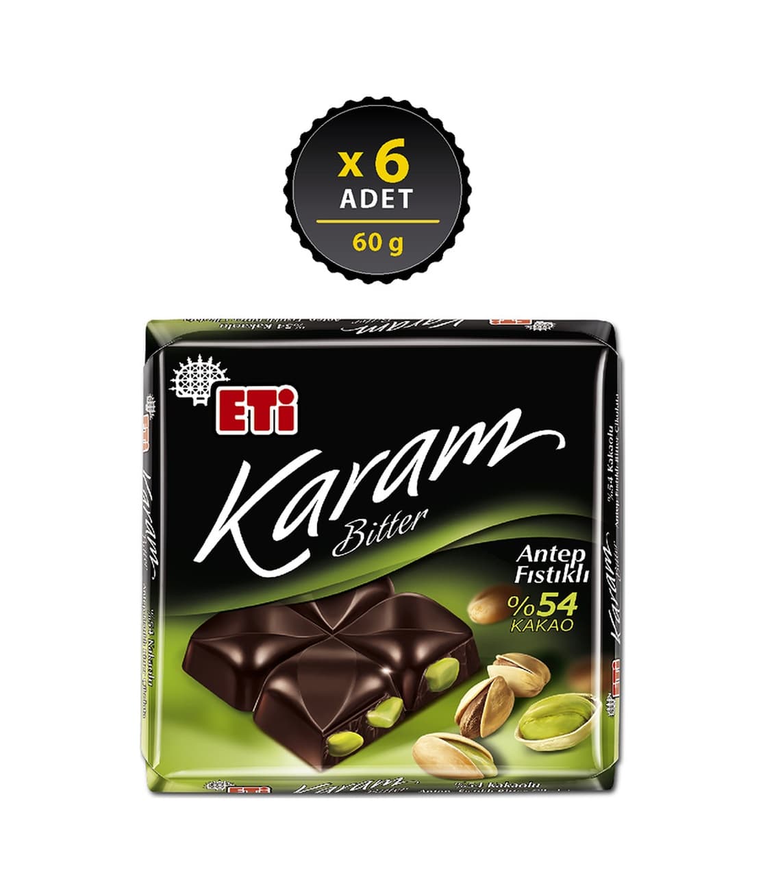 Eti Karam %54 Kakaolu Antep Fıstıklı Bitter Çikolata 6 x 60 G