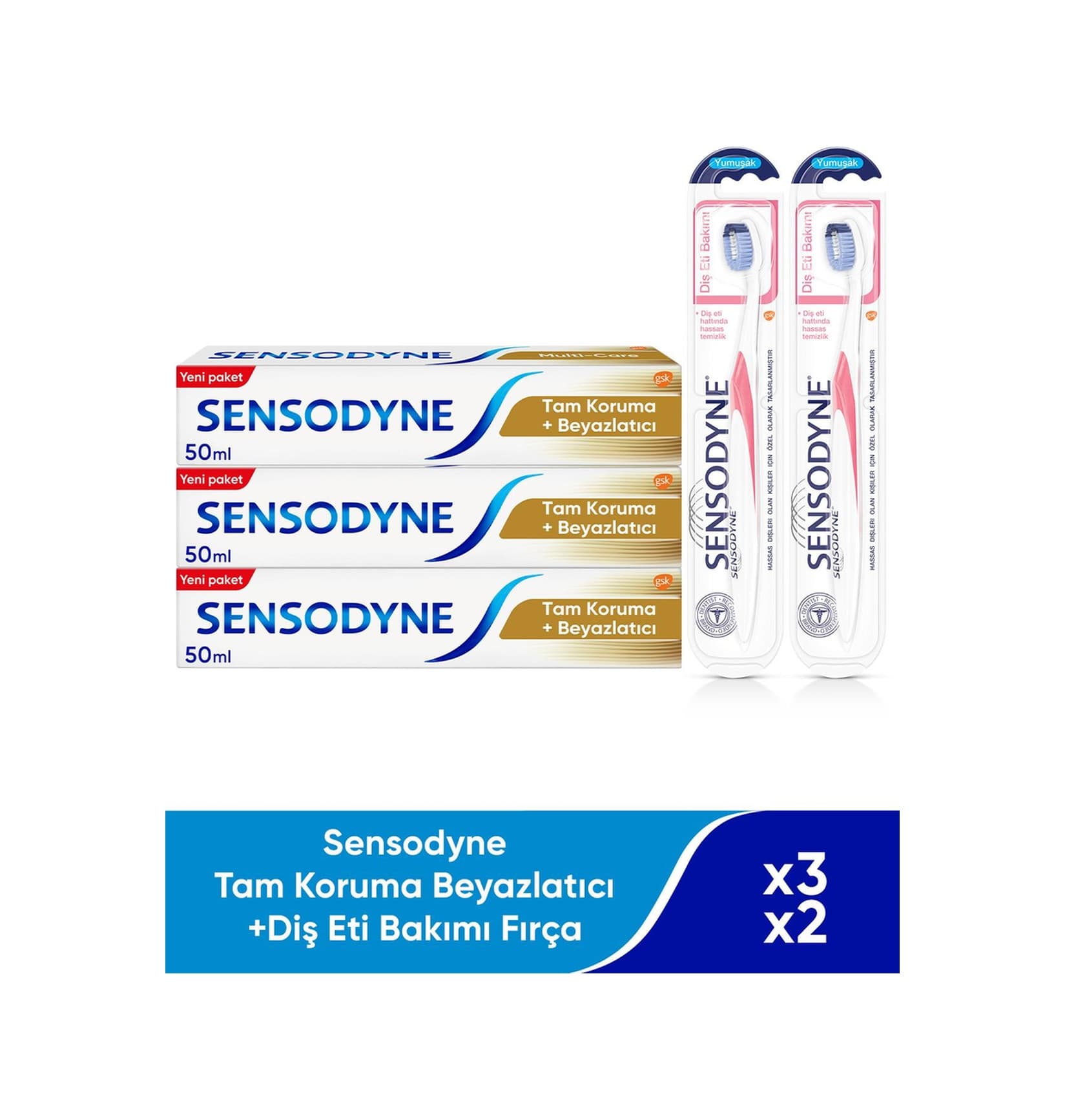 Sensodyne Tam Koruma Beyazlatıcı 3 x 50 ML + Diş Eti Bakımı Diş Fırçası 2'li