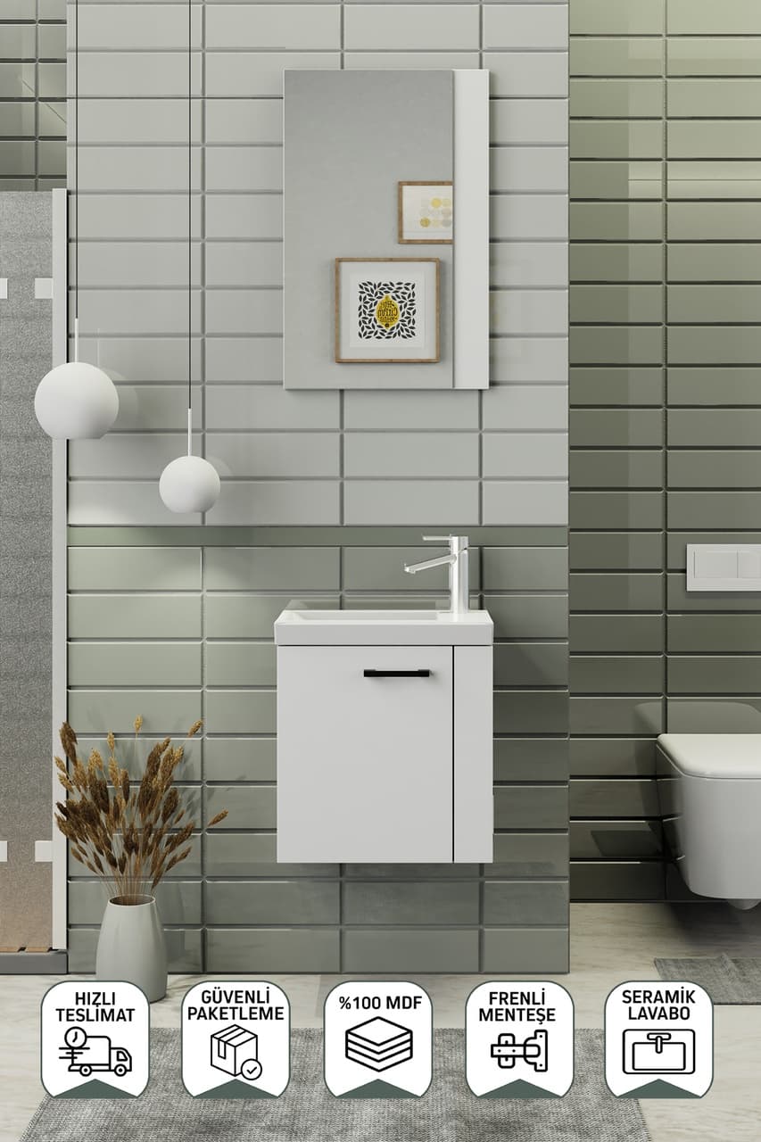 Biani Minila 45 cm Banyo Dolabı,Seramik Lavabolu, Aynalı,Lavabo Dahil,Mdf,Mat Beyaz