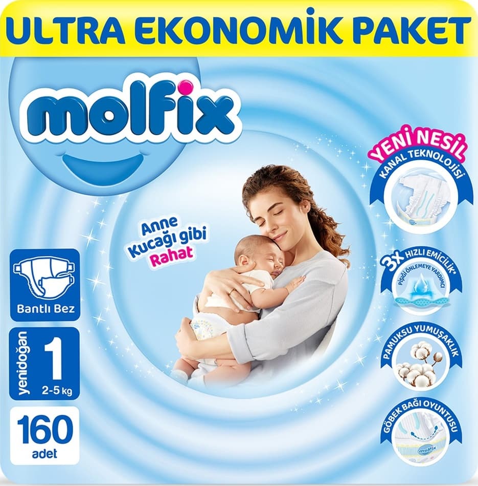 Molfix Bebek Bezi 1 Beden Yenidoğan Ultra Ekonomik Paket 160 Adet 4'lü
