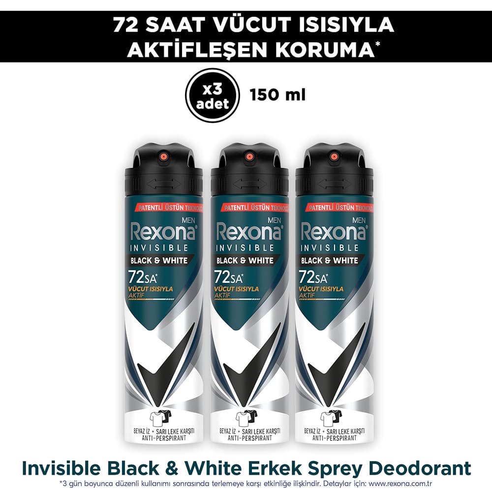 Rexona Men Invisible Black & White Erkek Sprey Deodorant 3x150 ML