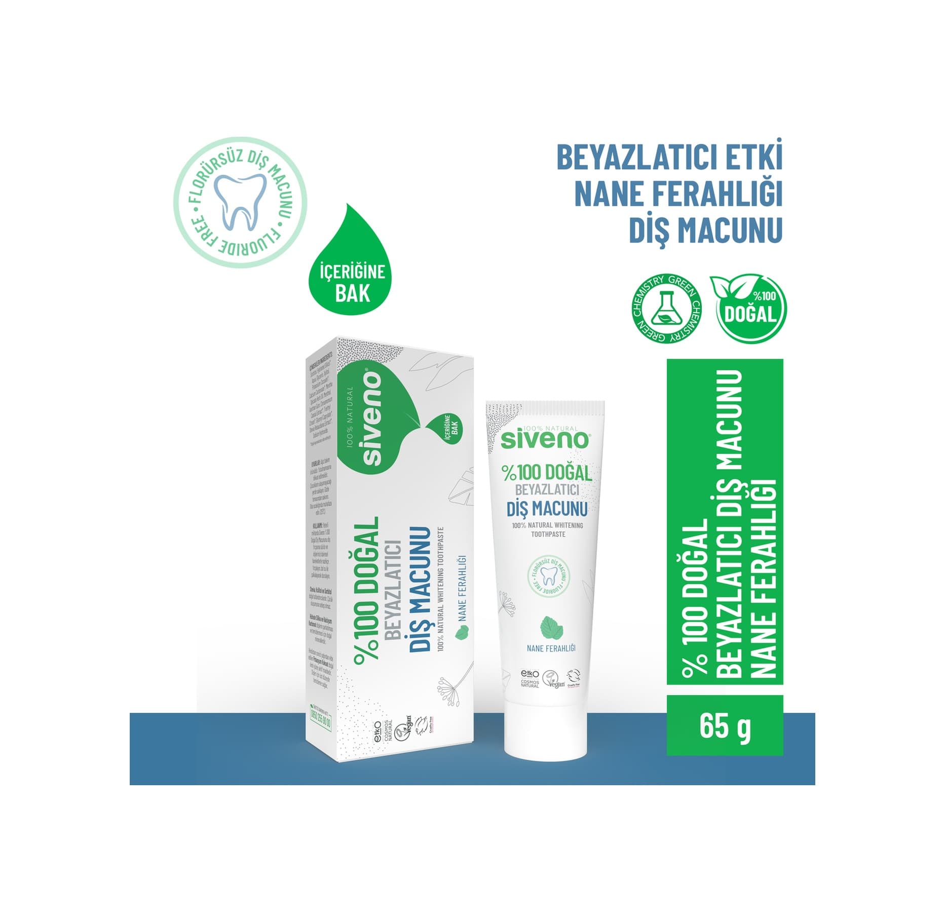 Siveno %100 Doğal Diş Macunu Beyazlatıcı Nane Ferahlığı Florürsüz 65 G