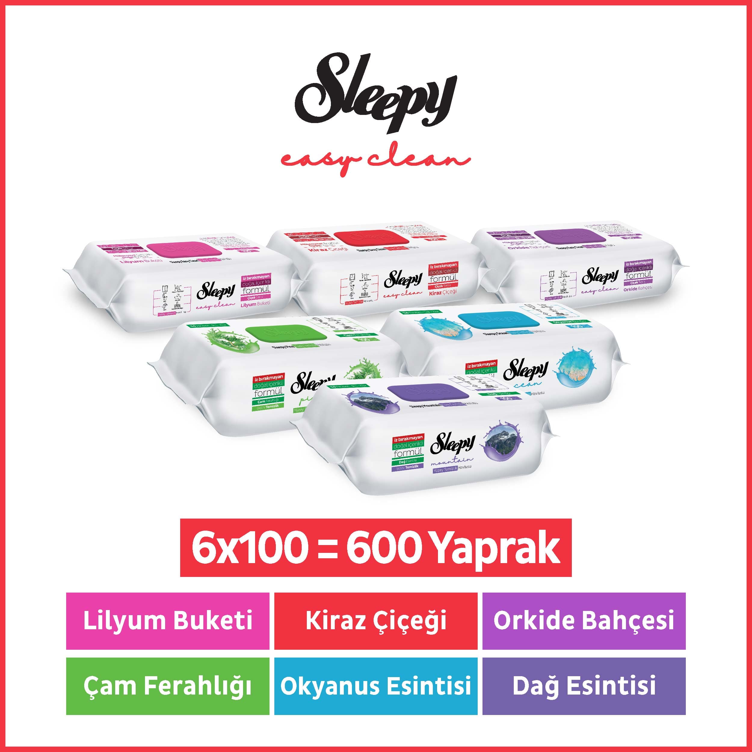 Sleepy Easy Clean Yüzey Temizlik Havlusu & Mendili Doğa-çiçek Serisi 6x100 Karma Paket Beyaz
