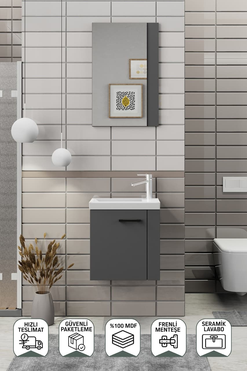 Biani Minila 45 cm Banyo Dolabı,Seramik Lavabolu, Aynalı,Lavabo Dahil,Mdf,Mat Gri