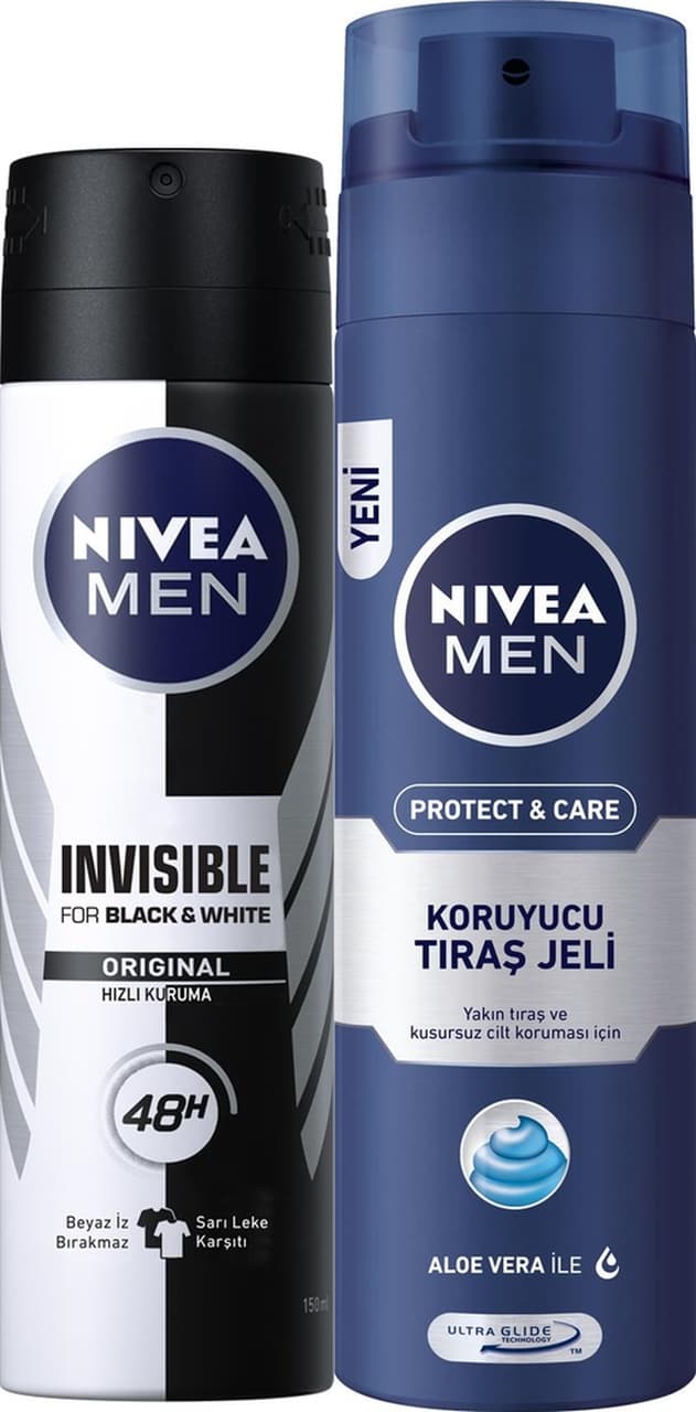 Nivea Invisible Black & White Orginal Erkek Sprey Deodorant 150 ML + Koruyucu ve Bakım Tıraş Jeli 200 ML