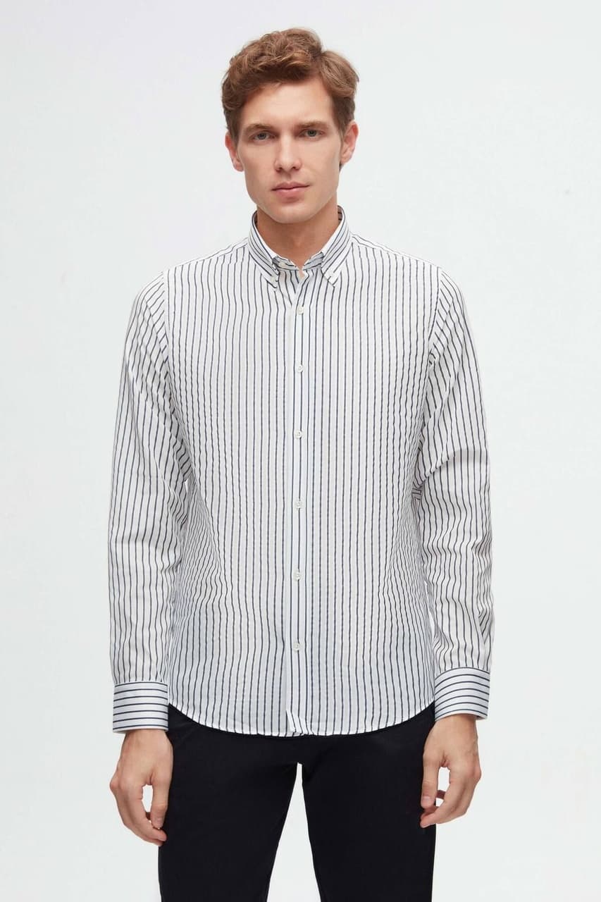 D'S Damat Ds Damat Slim Fit Açık Mavi Çizgili Gömlek 6HC02ORT10265 Mavi