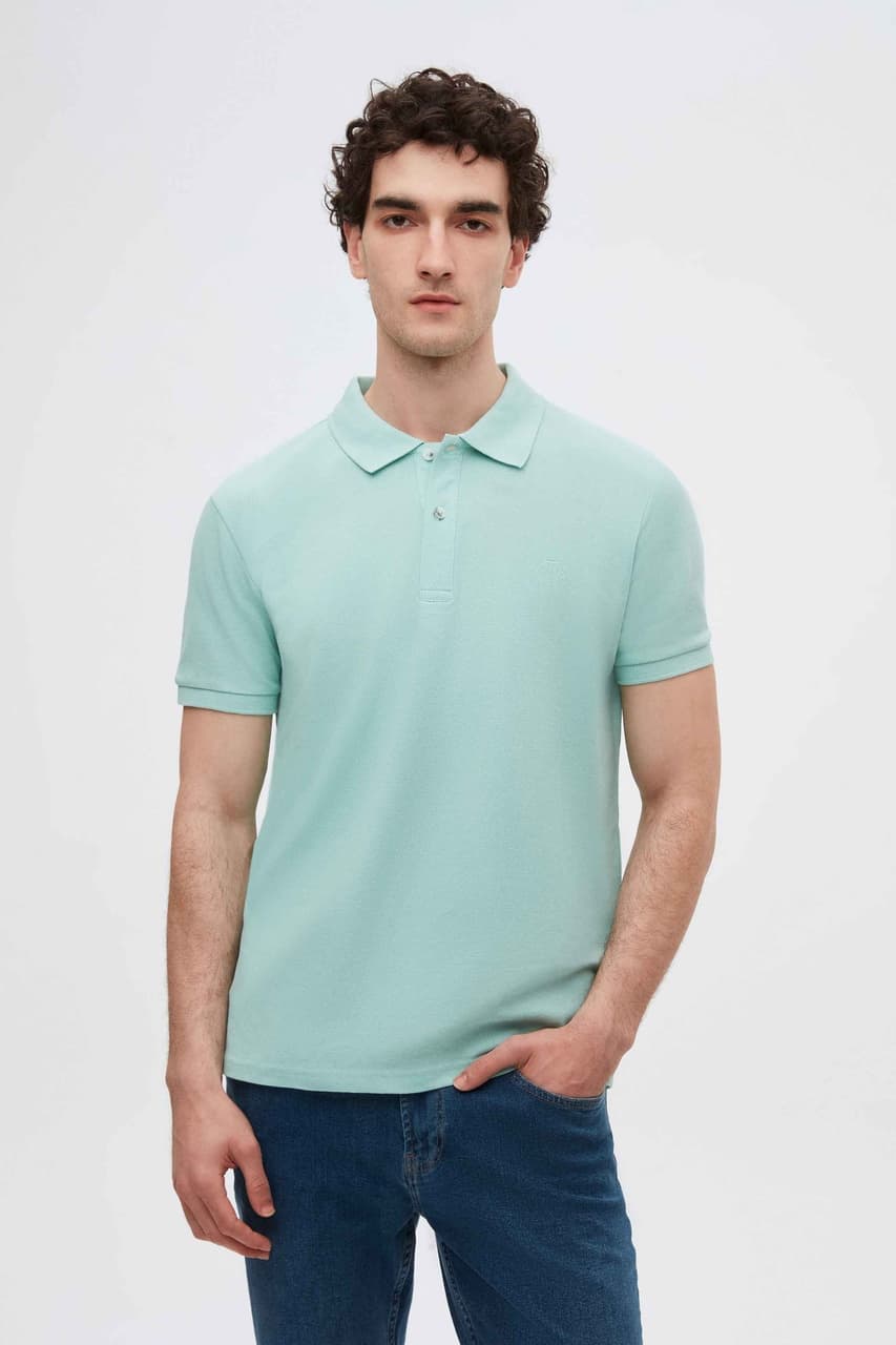 D's Damat Ds Damat Regular Fit Açık Turkuaz Pike Dokulu %100 Pamuk Kıvrılmaz Polo Yaka Nakışlı T-Shirt 4HC14ORT51000 Turkuaz