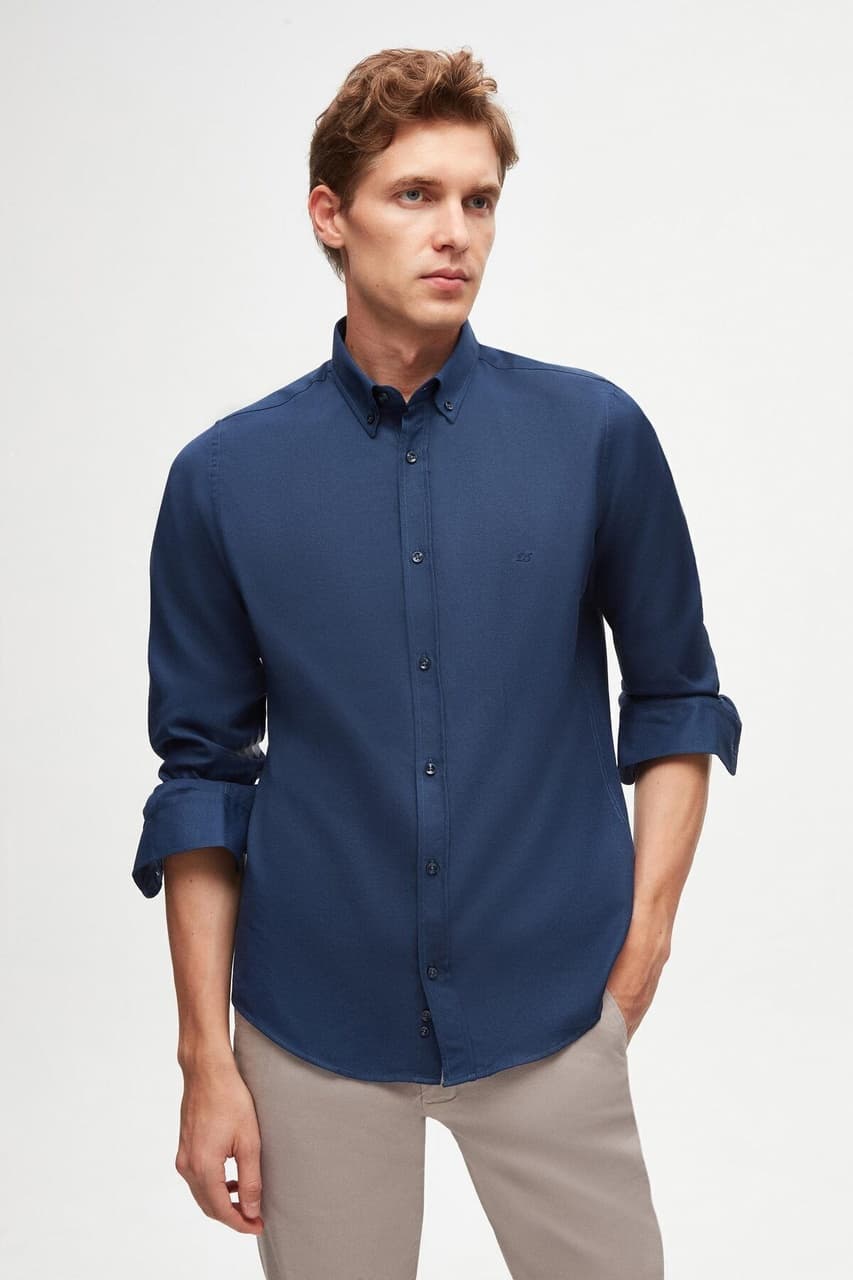 D'S Damat Ds Damat Slim Fit İndigo Oxford Düğmeli Yaka Kolay Ütülenebilir Nakış Detaylı Pamuklu Gömlek 4HC02ORT03265 İndigo