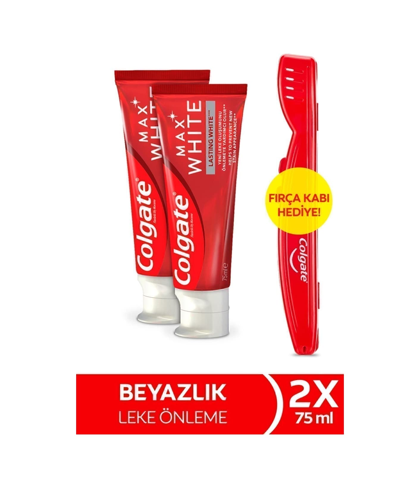 Colgate Max White Kalıcı Beyazlık Beyazlatıcı Diş Macunu 75 ml x2 Adet + Fırça Kabı Hediye