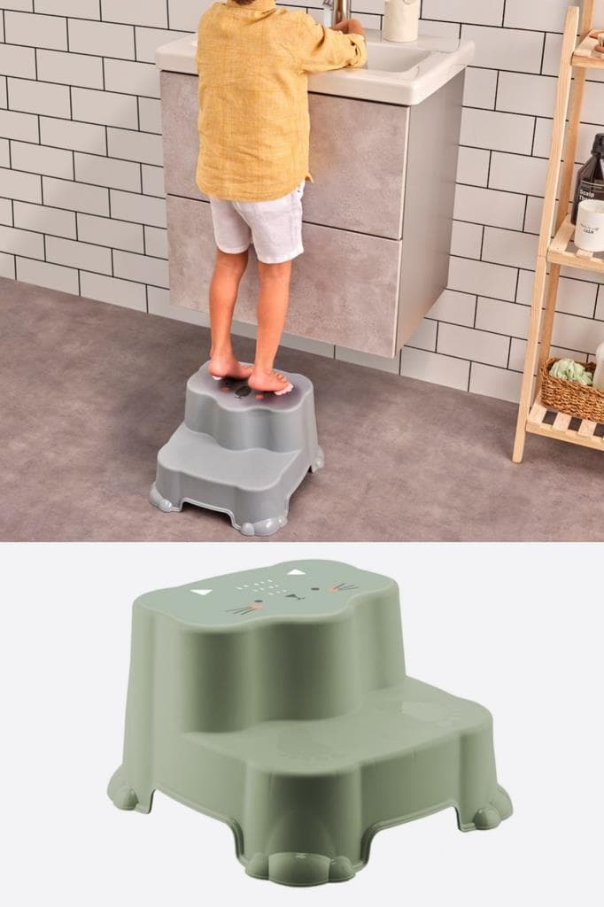Flosoft Kaydırmaz Çocuk Taburesi Çift Basamaklı, Çocuk Banyo Lavabo Merdiven Yükseltici Yeşil