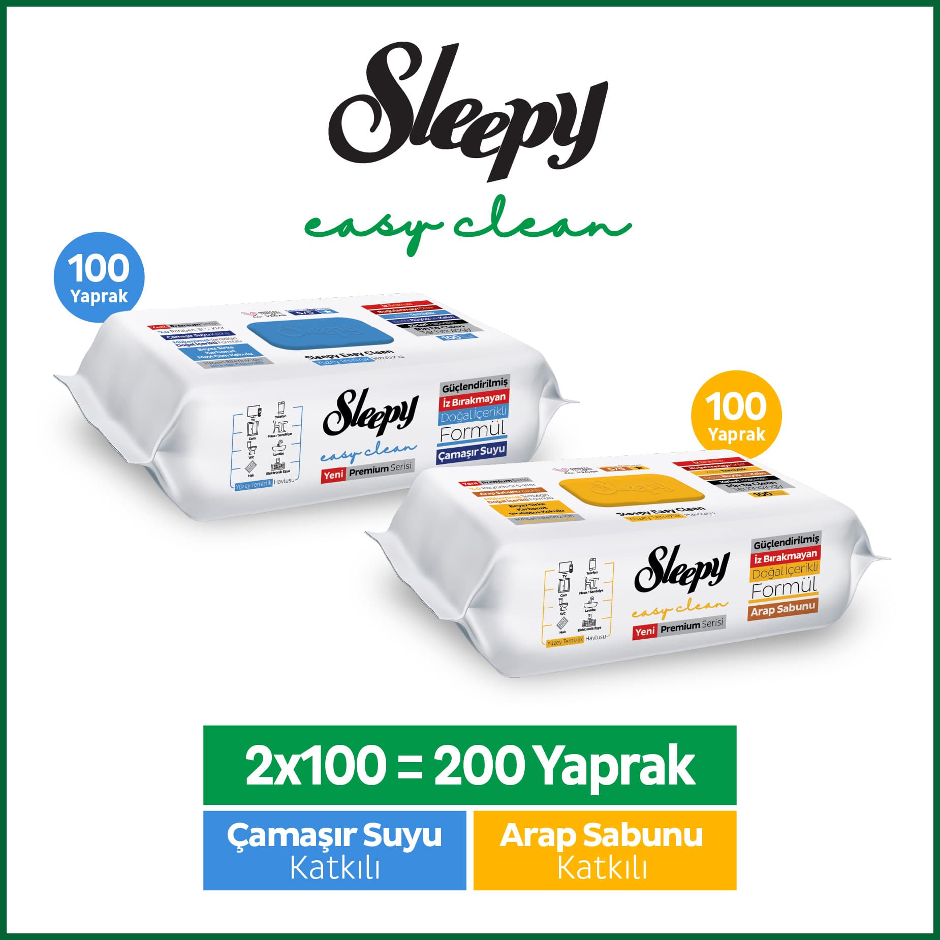 Sleepy Easy Clean Premium Arap Sabunu + Çamaşır Suyu Katkılı Yüzey Temizlik Havlusu Mendili 100+100(200 Yaprak)