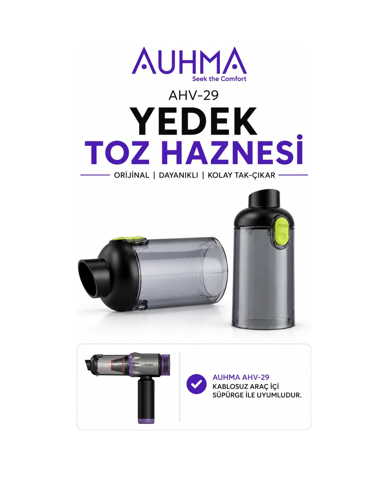Auhma Ahv-29 Araç İçi Süpürge Yedek Toz Haznesi Uyumlu, Kolay Tak-çıkar, Şeffaf Hazne