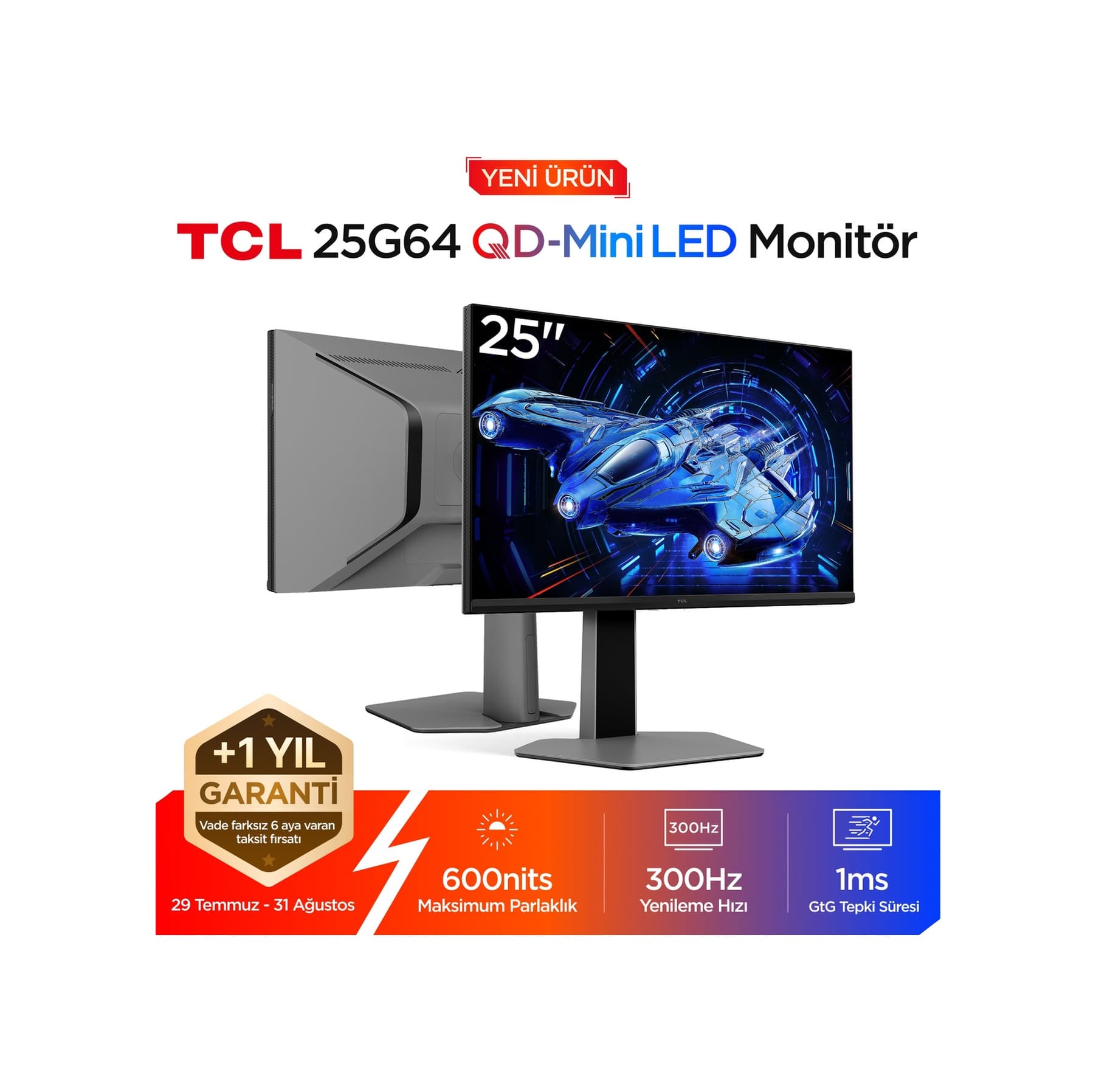 TCL 25G64 Gaming Monitörü 25" 1ms 300hz Fhd Qd-mini Led Fps Oyuncu Monitörü Freesync Premium