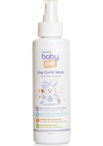 Baby Me Kolay Tarama Spreyi Provitamin B5 ve Hindistan Cevizi Yağı İçeren 200 ml Beyaz Renk