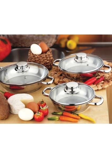 Gülsan 6 Parça Cam Kapaklı Paslanmaz Çelik Omlet Tencere Seti (16 cm, 18 cm, 20 cm)