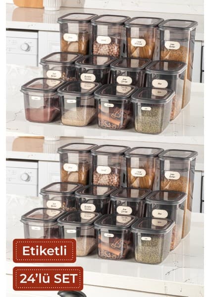 Vienev Etiketli 24'lü Set Peggy Şeffaf Kapaklı Uzun Dikdörtgen Saklama Kabı Antrasit