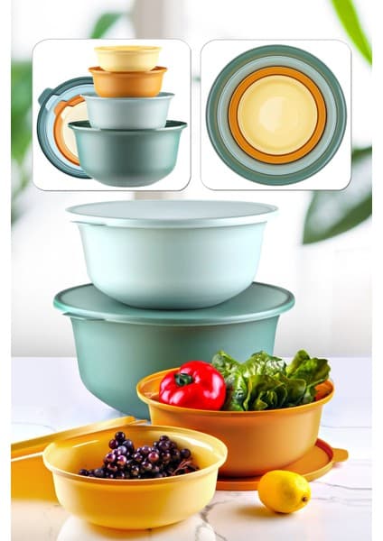 Kitchen Life 4 Boy Kapaklı Yuvarlak Aura Saklama Kabı Seti Aura Çırpma Kabı (7,5 Lt + 4lt + 2lt + 1lt)