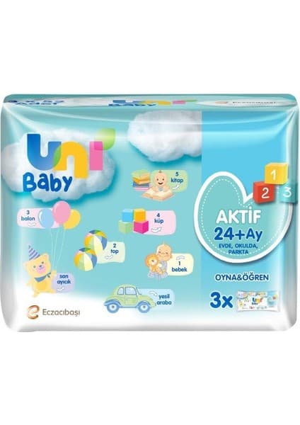 Uni Baby Aktif Oyna Öğren Islak Mendil 156 Yaprak 3'lü Paket Günlük Kullanım İçin
