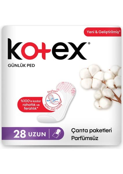 Kotex Günlük Ped Uzun Çanta Paketleri Parfümsüz 28'li