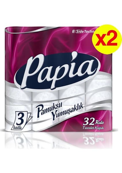 Papia Tuvalet Kağıdı 3 Katlı 32 Rulo 2 Adet Pamuksu Yumuşaklık ve Ekstra Dayanıklılık