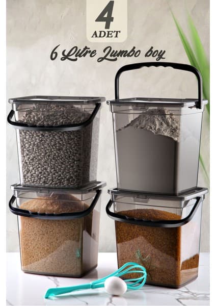 Kitchen Life Mega Boy 4'lü Kare Un Bakliyat Kabı ( 6 Litre ) - Kulplu Deterjanlık Saklama Kutusu Kabı Un Kovası Siyah