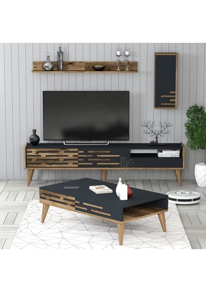 Variant Mobilya Valensiya Modern Tasarımlı TV Ünitesi ve Orta Sehpa Takımı Ceviz Antrasit Suntalam