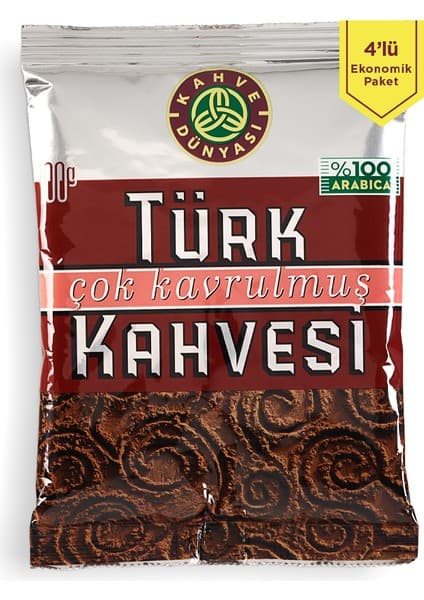 Kahve Dünyası 100G 4'lü Çok Kavrulmuş Türk Kahvesi %100 Arabica Ekonomik Paket Sade Aroma