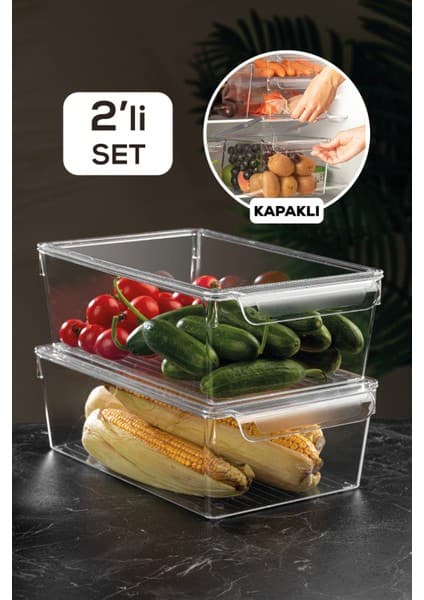 Meleni Home 2'Li Kapaklı Buzdolabı Düzenleyici Buzdolabı Içi Düzenleyici Organizer 10 X 32,5 X 20 Cm
