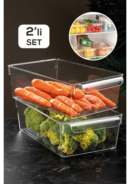 Meleni Home 2'Li Buzdolabı Düzenleyici - Şeffaf Buzdolabı Içi Düzenleyici Organizer 10 X 32,5 X 20 Cm