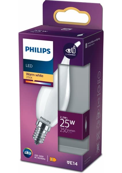 Philips LED Classic Buzlu Mum Filament 2.2W 250 Lumen 2700K Sarı Işık BA35 E14 Duy (25W Eşleniği)