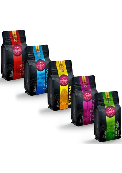 Anisah Coffee Dünya Filtre Kahveleri Tanışma Seti | 5x250gr | Çekirdek | Kenya, Guatemala, Ethiopia, Colombia, Brasil