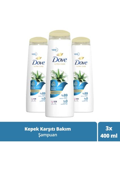 Dove Ultra Care Aloe Vera Kepek Karşıtı Bakım Şampuanı 400 ml x 3 Vegan Bitki Özlü Arındırıcı Etki