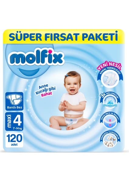 Molfix Bantlı Bebek Bezi 4 Beden 6-10 kg 120 Adet Süper Fırsat Paketi Yumuşak Koruma