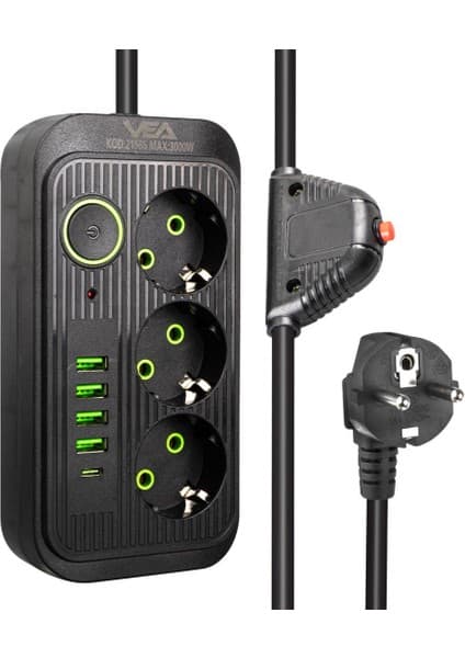 Vea VA-21565 4 x Usb+Type-C 3'lü 1.5 Metre Akım Korumalı Priz Siyah