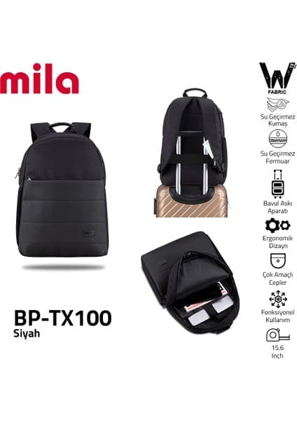 Mila Classone Mila BP-TX100 Serisi 15,6 Inch , Su Geçirmez Kumaş ve Su Geçirmez Fermuar Notebook, Laptop , Macbook Sırt Çantası -Siyah