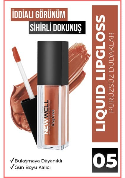 New Well Likit Lipgloss 05 Kırmızı – Gün Boyu Kalıcı, Bulaşmaya Dayanıklı, Parlak ve Canlı Dudak Görünümü