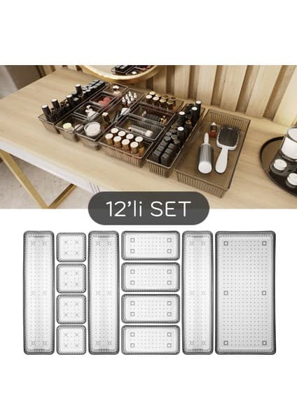 Meleni Home 12'li Modüler Takı Makyaj Organizer Siyah Plastik Kapaksız Banyo Çekmece İçi Düzenleyici Set