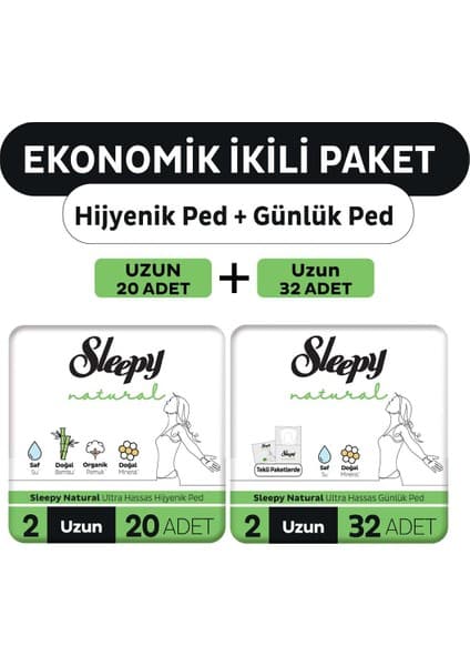 Sleepy Ekonomik Ikili Paket (Natural Ultra Hassas Hijyenik Ped Uzun 20'Li + Günlük Ped Normal 32'Li)