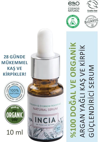 INCIA %100 Doğal Kaş Ve Kirpik Güçlendirici Serum Bitkisel Yoğunlaştırıcı Yoğun Bakım Yağı Vegan 10 ml